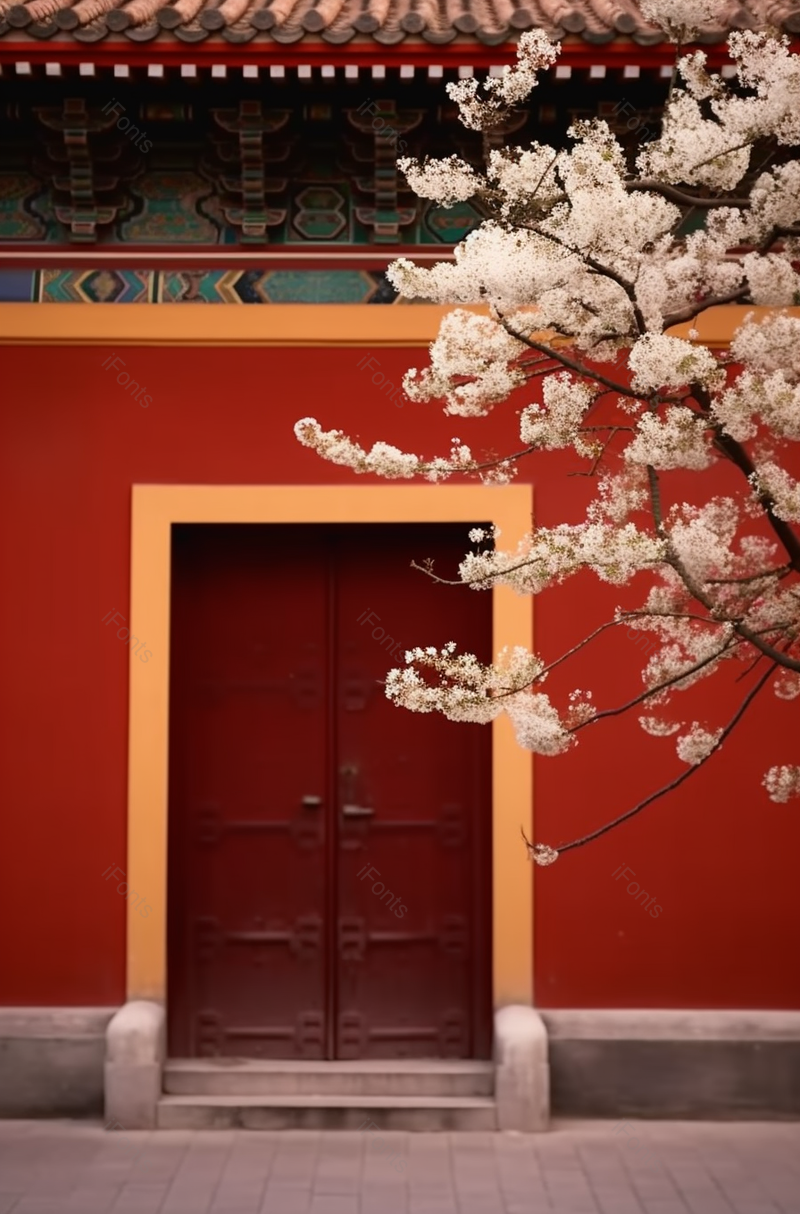 春天鲜花开放在红色围墙外,高清,摄影图,摄影图片,图片大全,摄影图免费下载